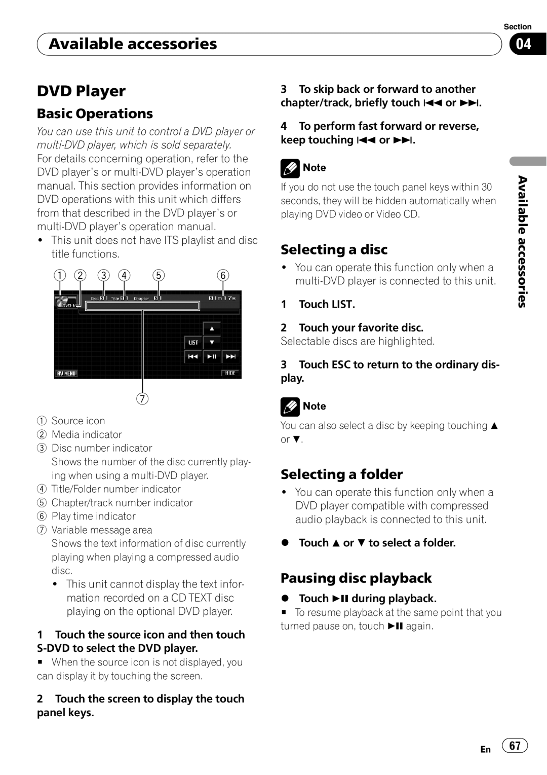 Pioneer AVH-P4000DVD operation manual Available accessories DVD Player, Selecting a folder, Pausing disc playback 