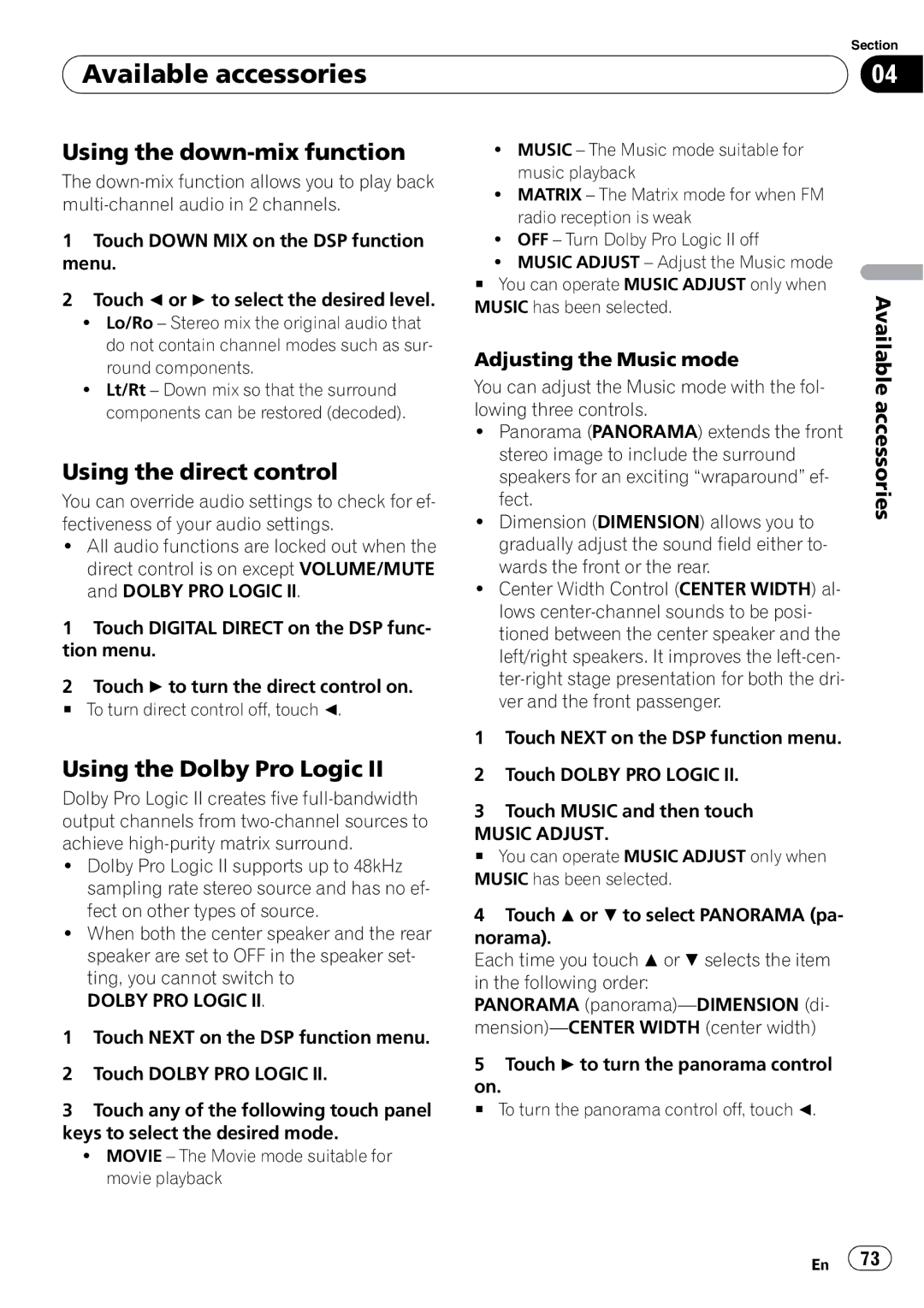 Pioneer AVH-P4000DVD operation manual Using the down-mix function, Using the direct control, Using the Dolby Pro Logic 