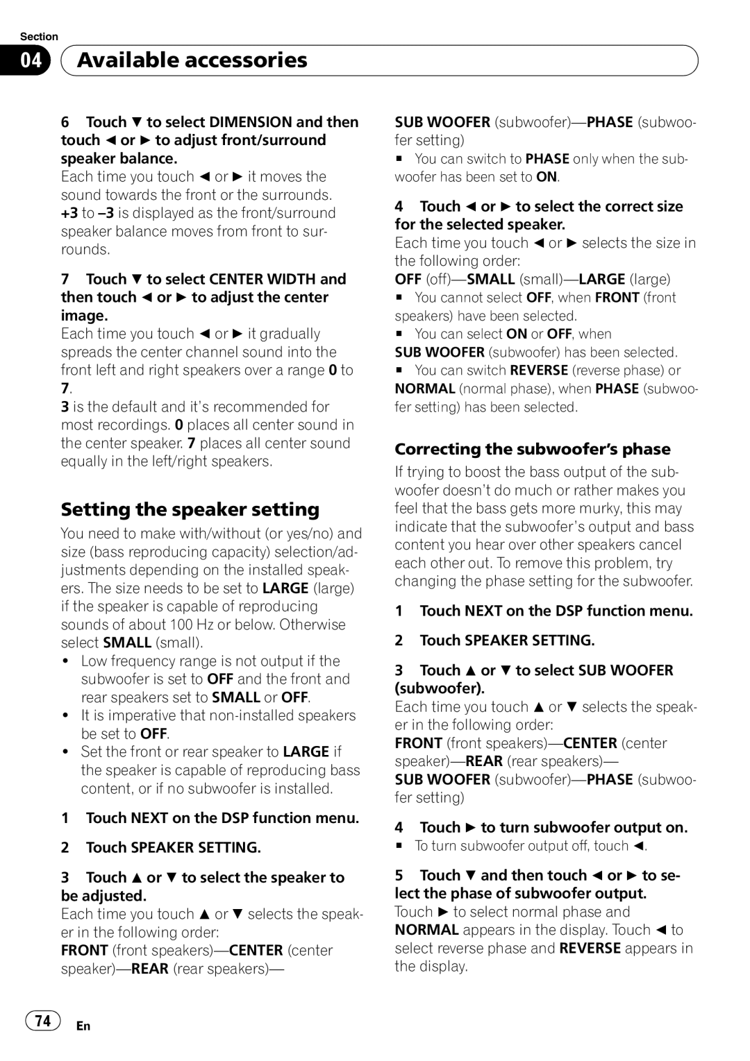 Pioneer AVH-P4000DVD operation manual Setting the speaker setting, Correcting the subwoofer’s phase 