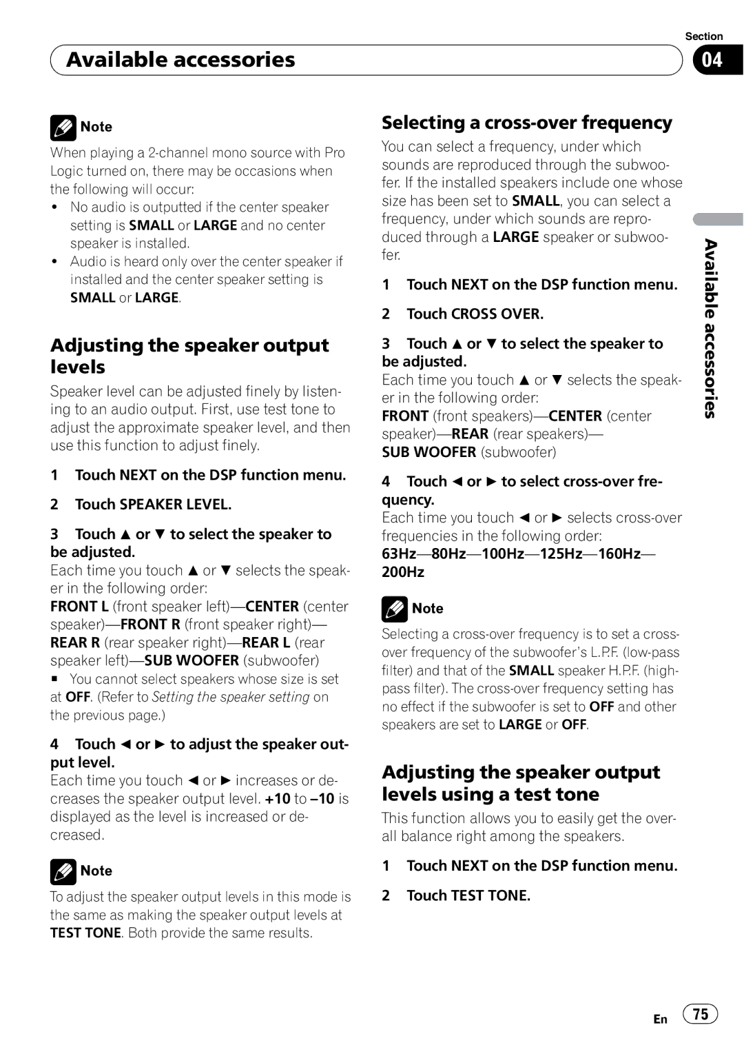 Pioneer AVH-P4000DVD operation manual Adjusting the speaker output levels, Selecting a cross-over frequency 