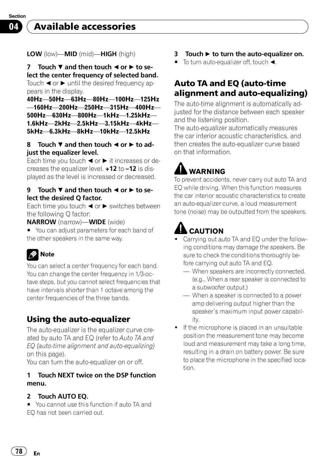 Pioneer AVH-P4000DVD operation manual Using the auto-equalizer, Auto TA and EQ auto-time alignment and auto-equalizing 