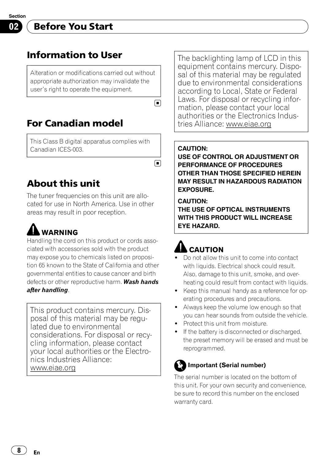 Pioneer AVH-P4000DVD operation manual Before You Start Information to User, For Canadian model, About this unit 