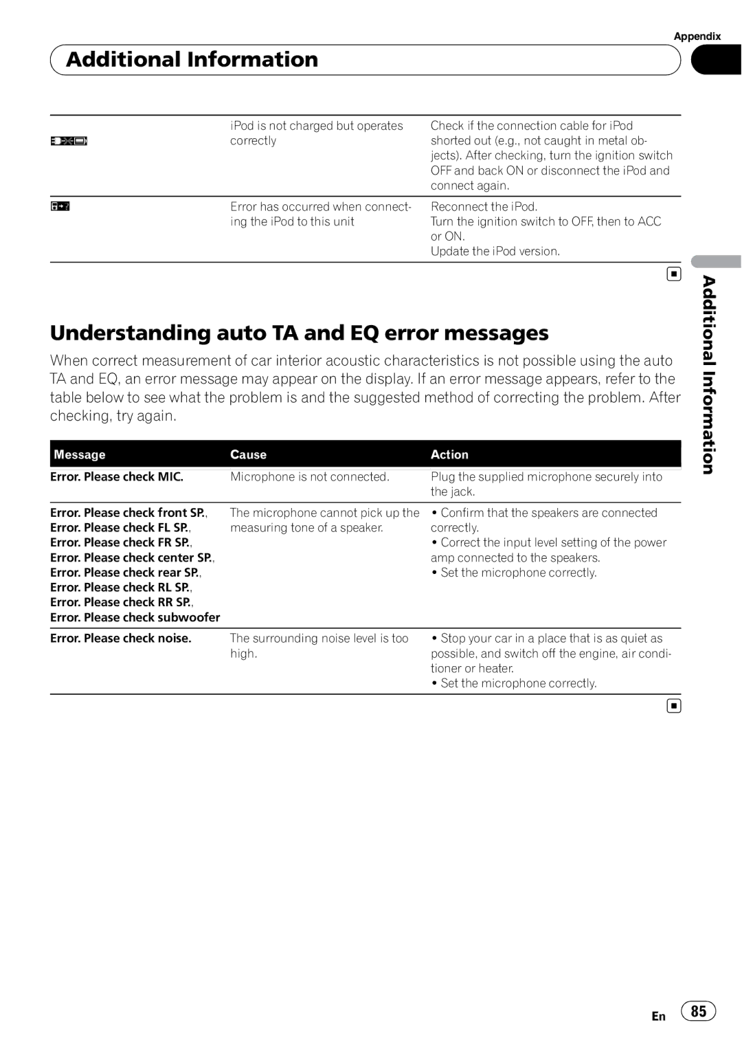 Pioneer AVH-P4000DVD operation manual Understanding auto TA and EQ error messages 