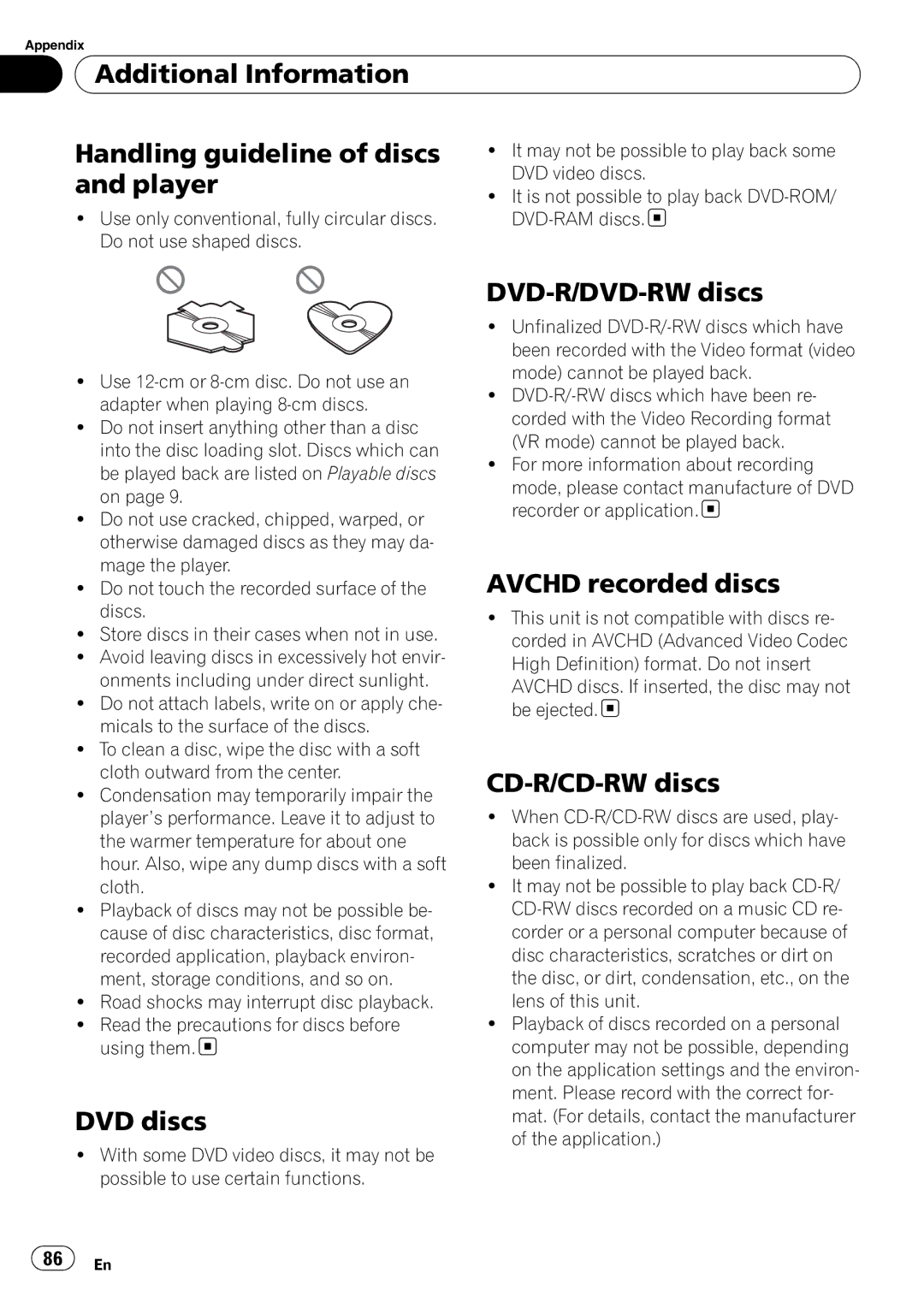 Pioneer AVH-P4000DVD Additional Information Handling guideline of discs, Player, DVD discs, DVD-R/DVD-RW discs 