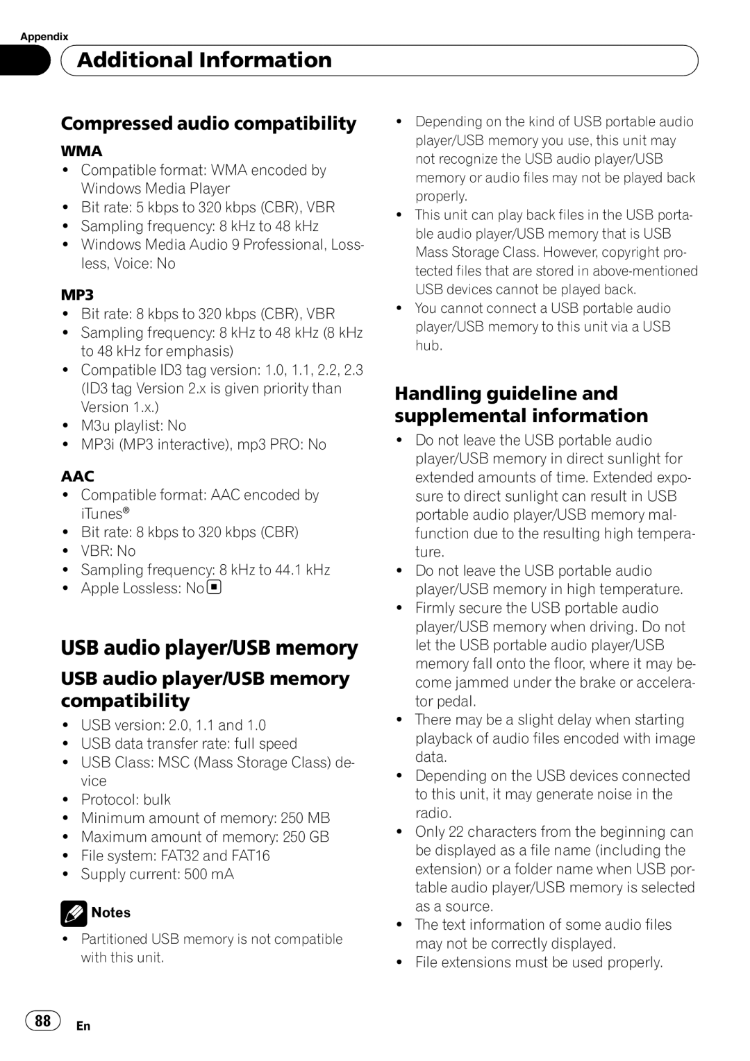 Pioneer AVH-P4000DVD operation manual USB audio player/USB memory, Compressed audio compatibility 