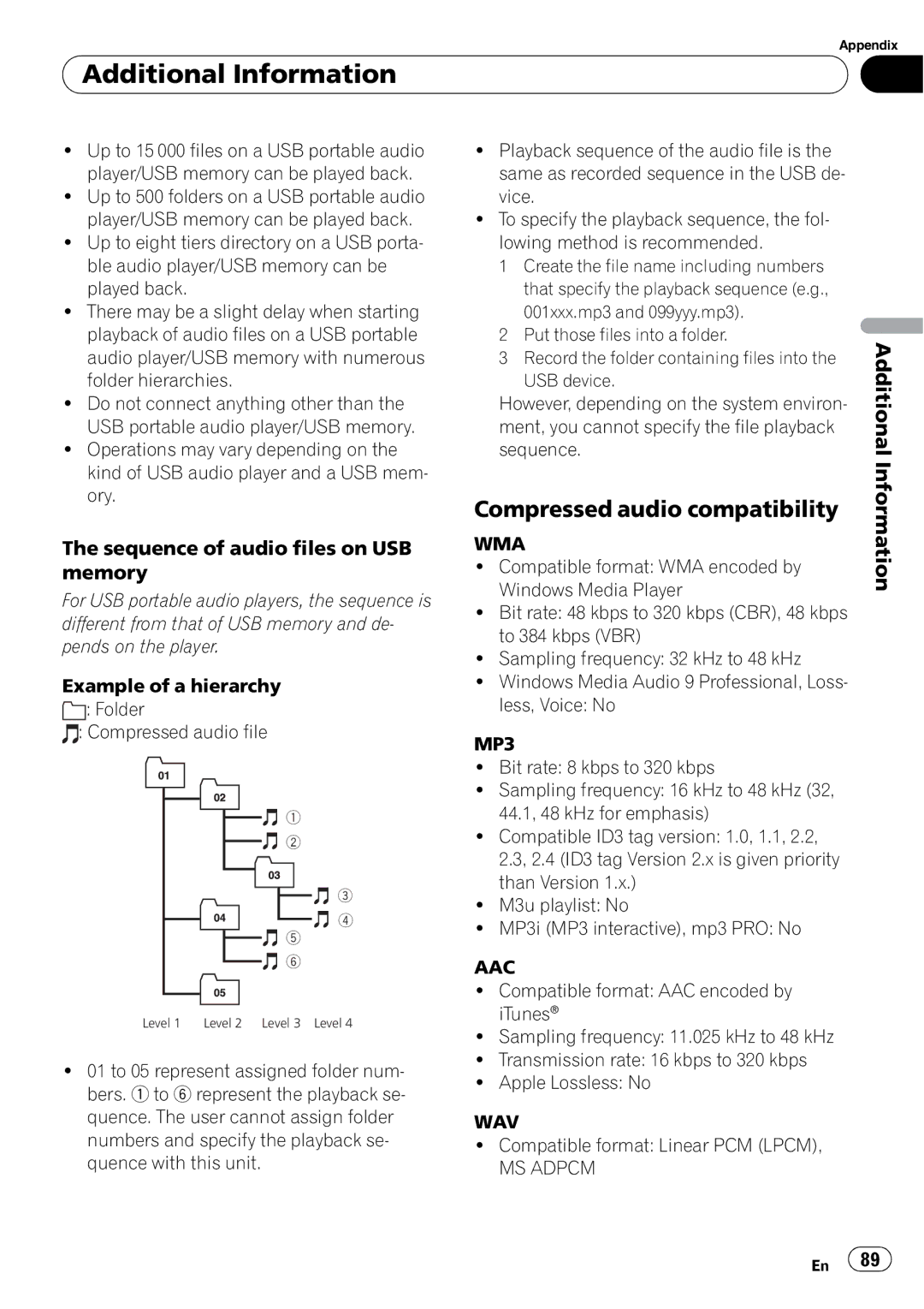 Pioneer AVH-P4000DVD Sequence of audio files on USB memory, Wav, Compatible format Linear PCM Lpcm, MS Adpcm 