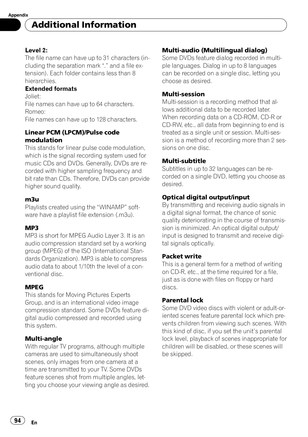 Pioneer AVH-P4000DVD operation manual Additional Information, Mpeg 