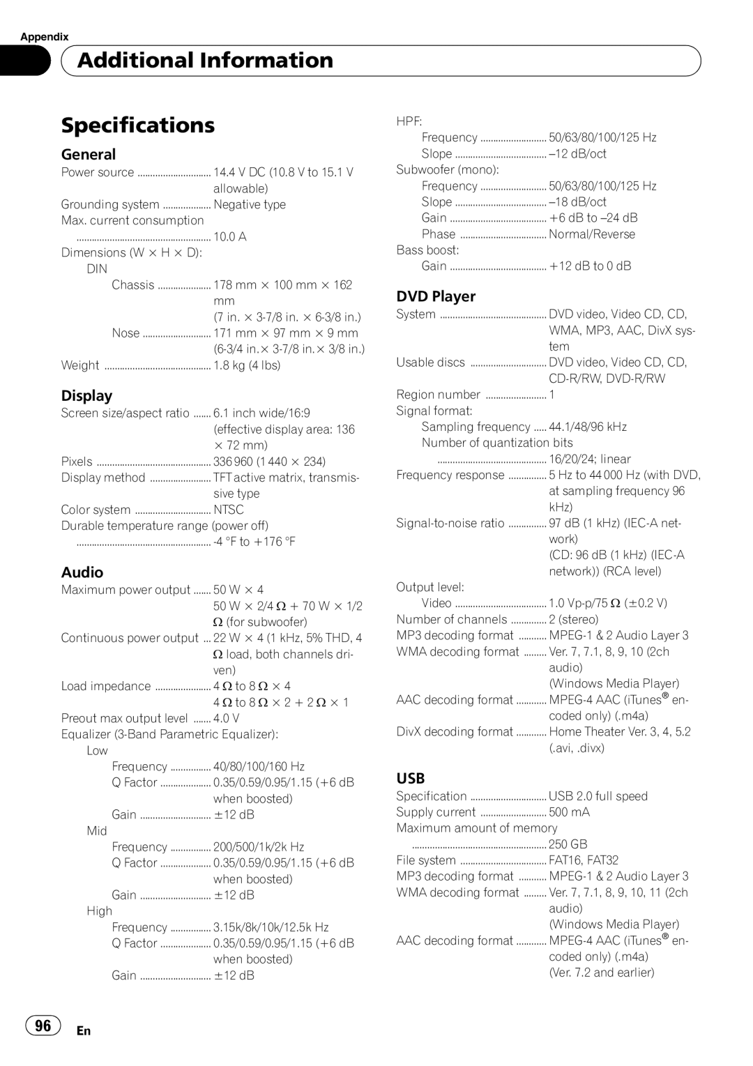 Pioneer AVH-P4000DVD operation manual Additional Information Specifications, General, DVD Player, Audio, Usb 