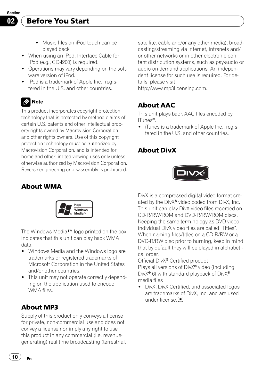 Pioneer AVH-P4050DVD operation manual Before You Start, About AAC, About DivX About WMA, About MP3 