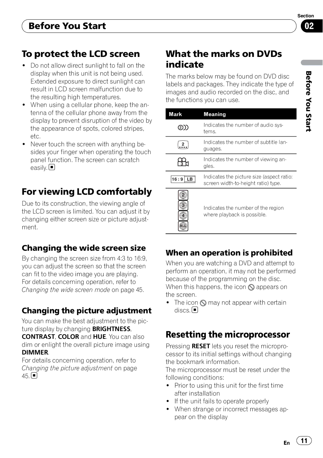 Pioneer AVH-P4050DVD operation manual Before You Start To protect the LCD screen, What the marks on DVDs indicate 