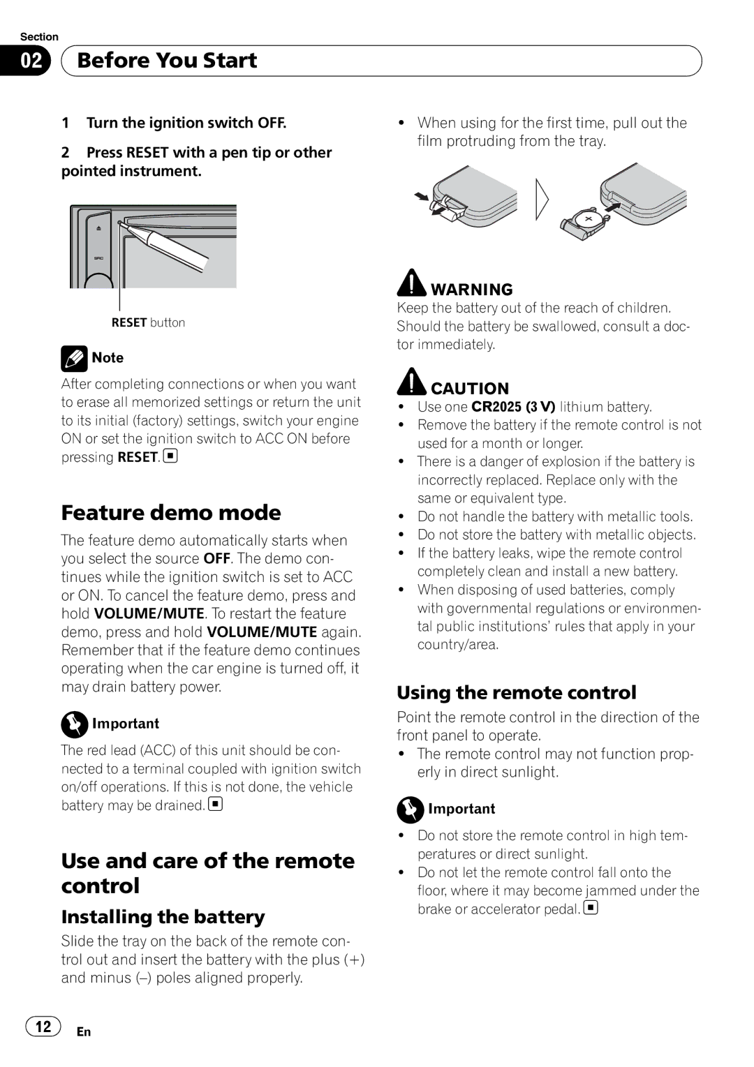 Pioneer AVH-P4050DVD operation manual Feature demo mode, Use and care of the remote control, Installing the battery 