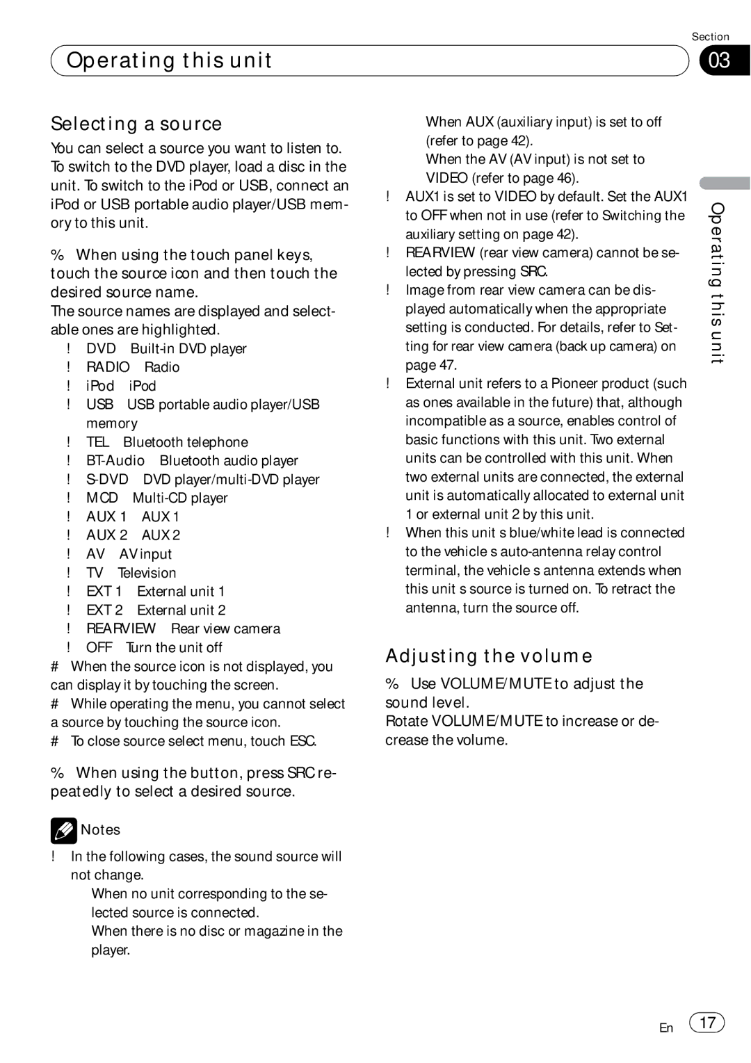 Pioneer AVH-P4050DVD operation manual Selecting a source, Adjusting the volume 