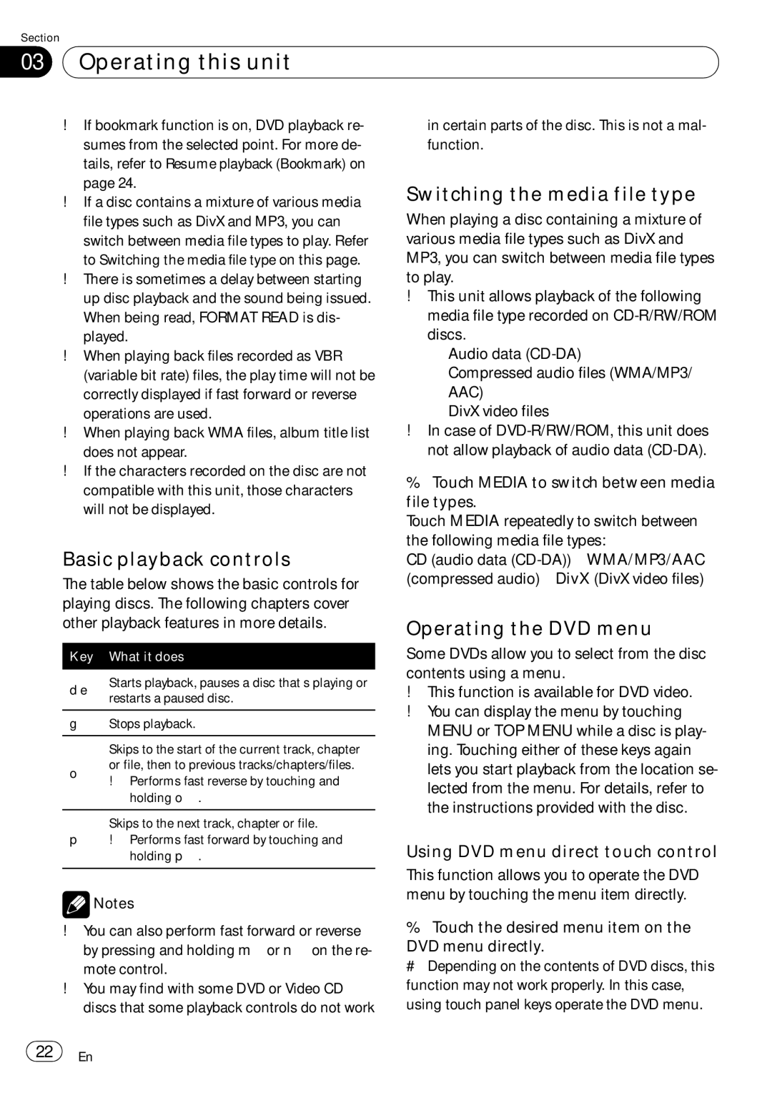 Pioneer AVH-P4050DVD operation manual Basic playback controls, Switching the media file type, Operating the DVD menu 