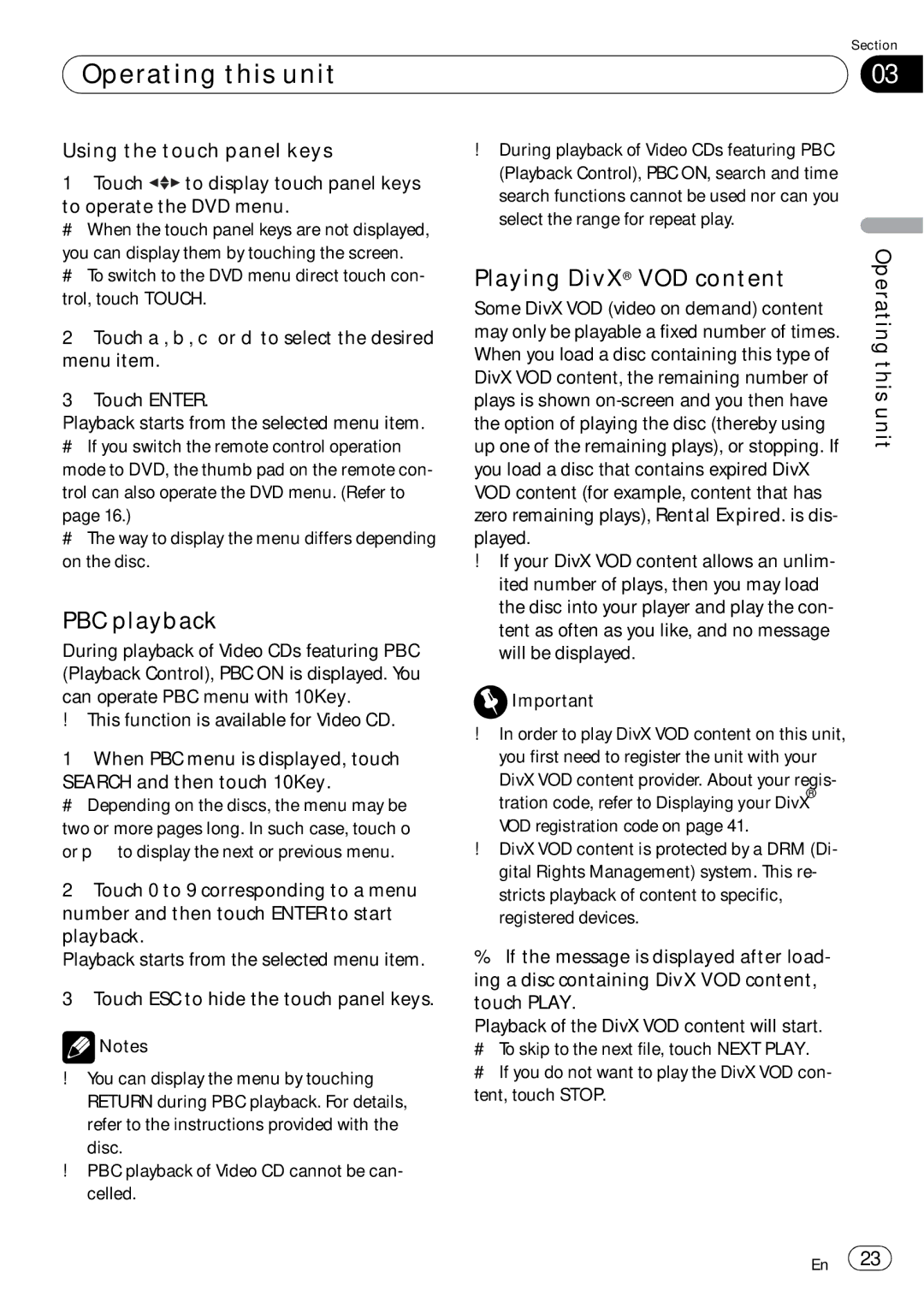 Pioneer AVH-P4050DVD operation manual PBC playback, Playing DivX VOD content, Using the touch panel keys 