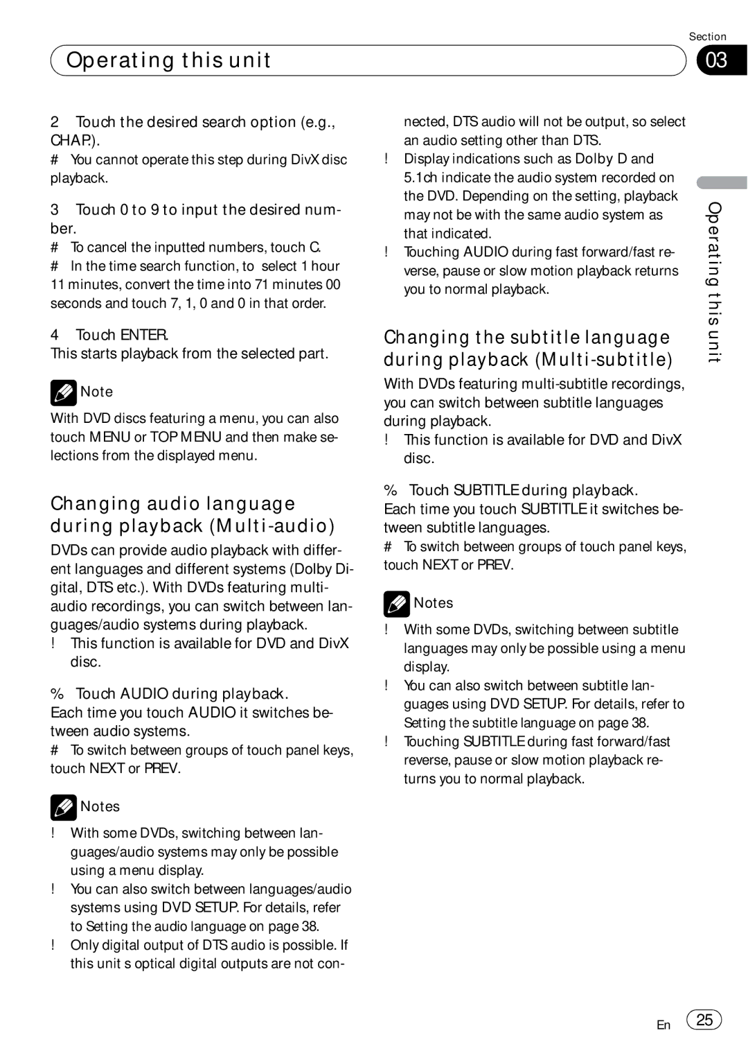 Pioneer AVH-P4050DVD Changing audio language during playback Multi-audio, Touch the desired search option e.g, Chap 