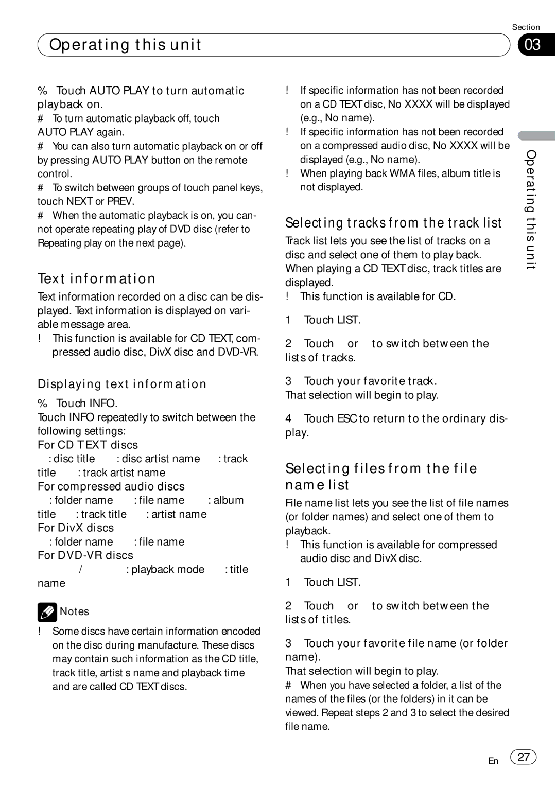 Pioneer AVH-P4050DVD Text information, Selecting tracks from the track list, Selecting files from the file name list 