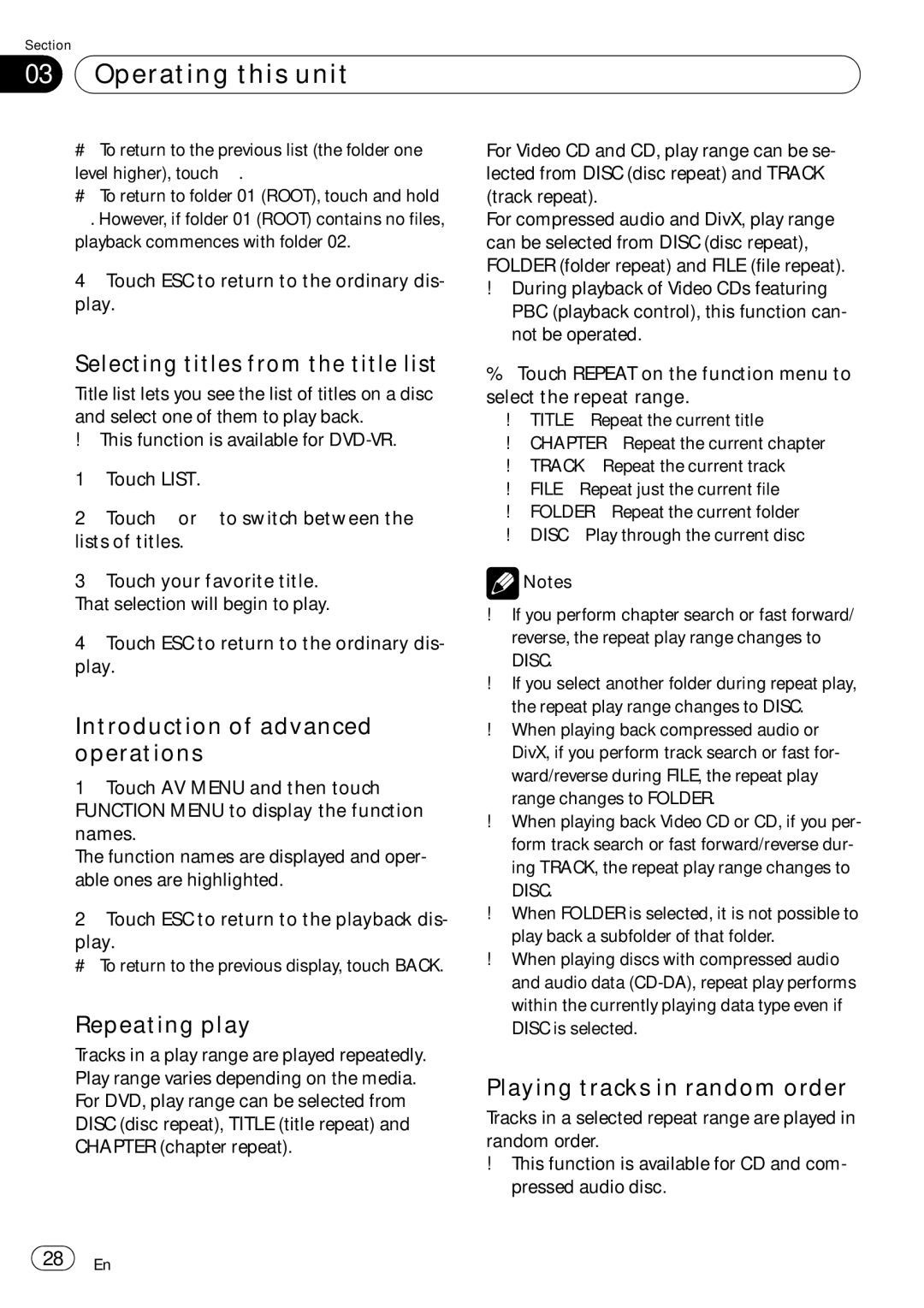 Pioneer AVH-P4050DVD operation manual Selecting titles from the title list, Repeating play, Playing tracks in random order 