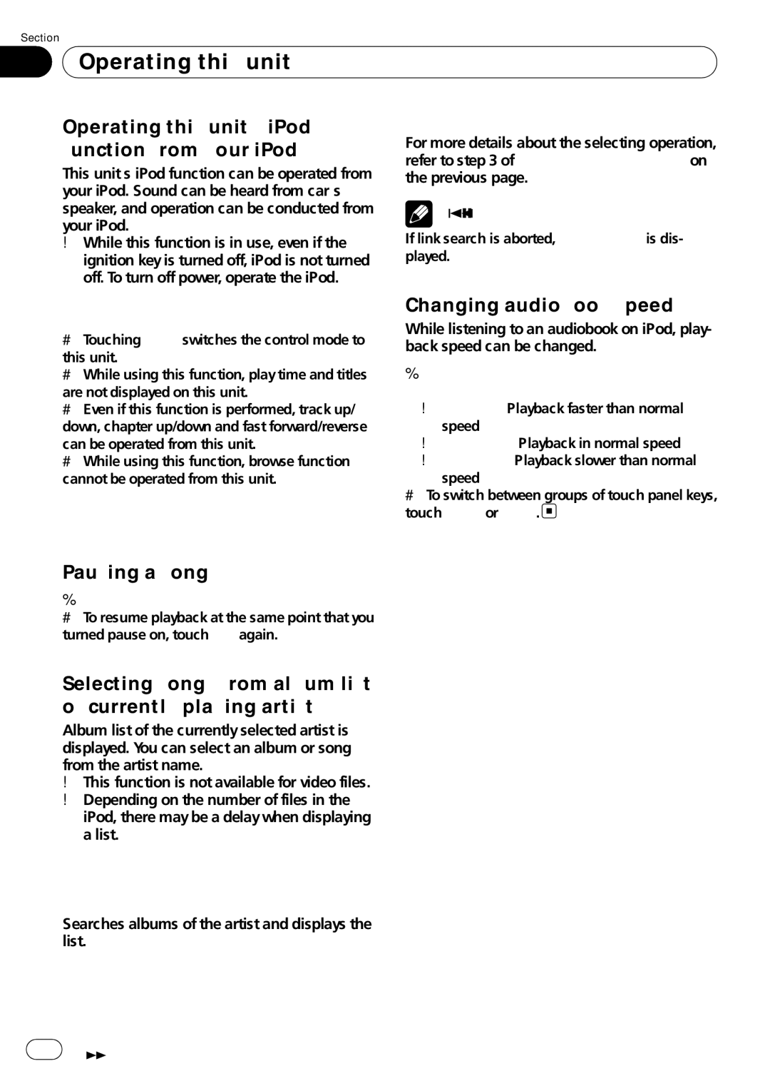 Pioneer AVH-P4050DVD Operating this unit’s iPod function from your iPod, Changing audiobook speed, Pausing a song 