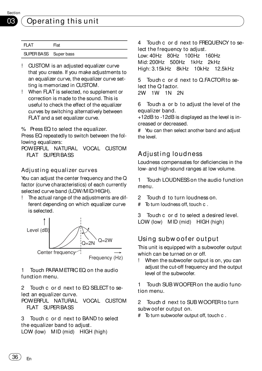 Pioneer AVH-P4050DVD operation manual Adjusting loudness, Using subwoofer output, Adjusting equalizer curves 