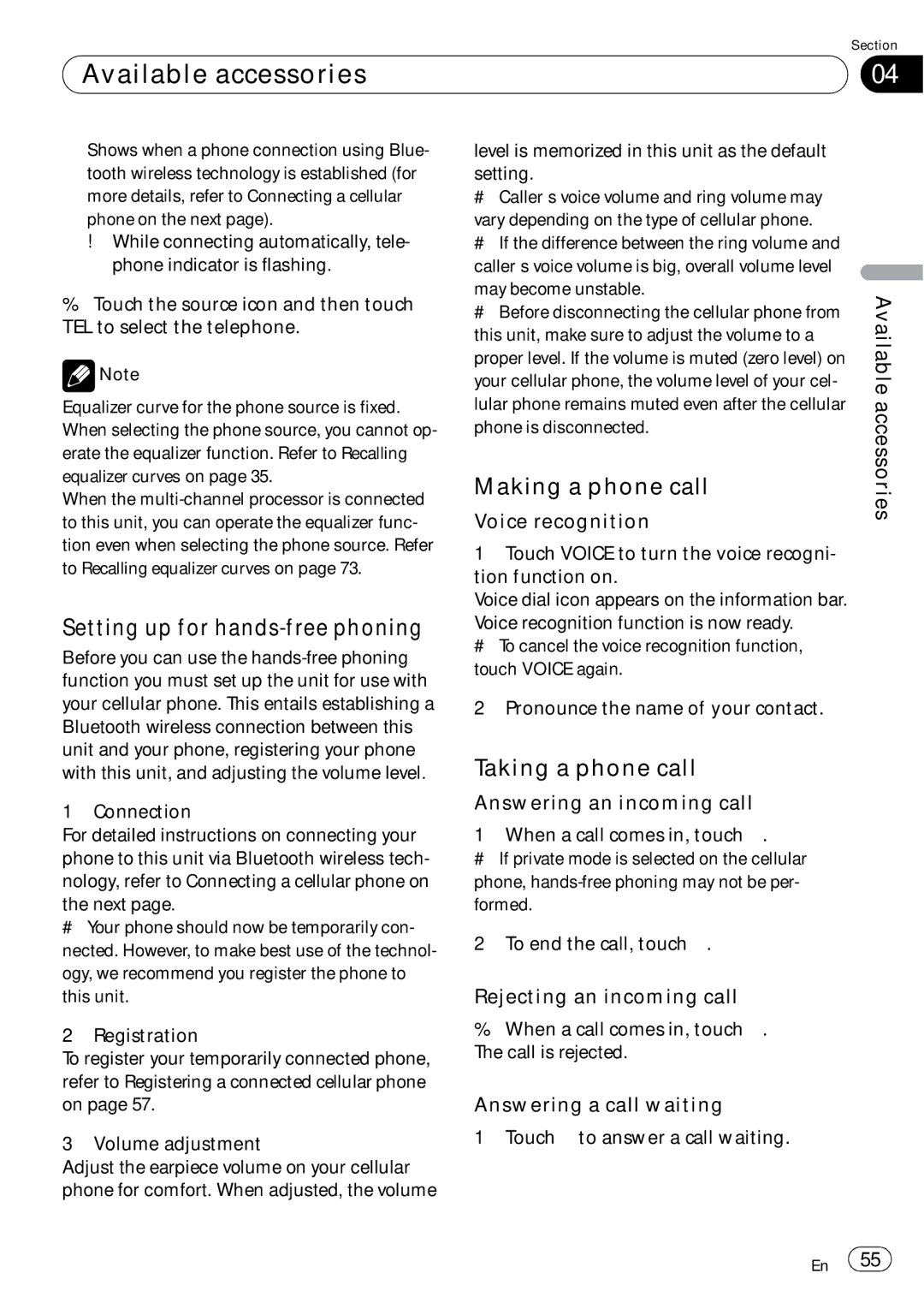 Pioneer AVH-P4050DVD operation manual Setting up for hands-free phoning, Making a phone call, Taking a phone call 