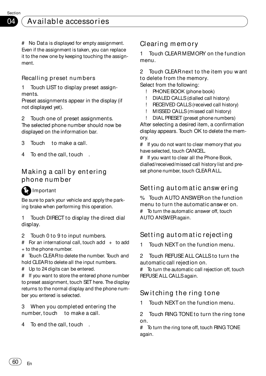 Pioneer AVH-P4050DVD operation manual Making a call by entering phone number Clearing memory, Setting automatic answering 