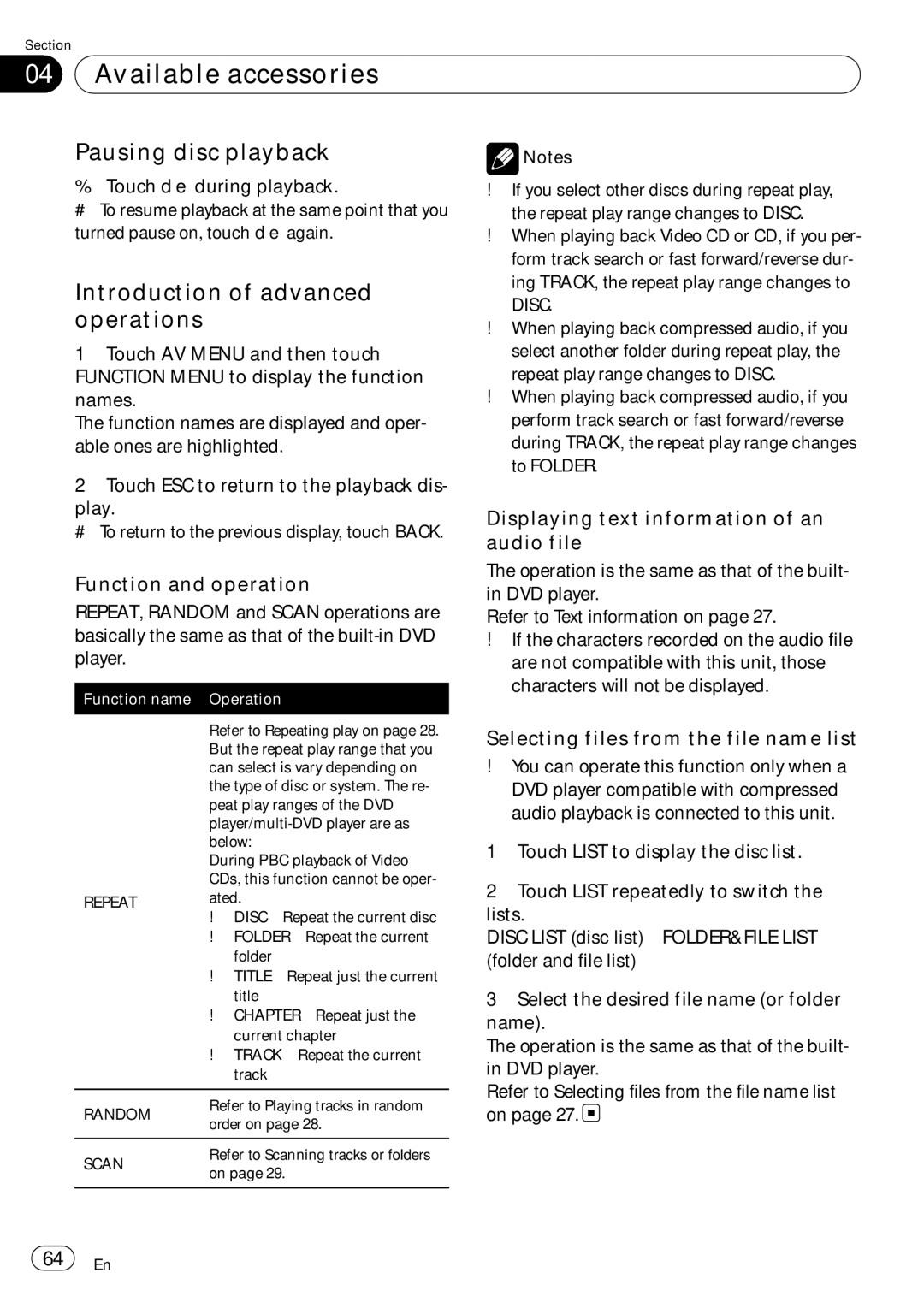 Pioneer AVH-P4050DVD operation manual Pausing disc playback, Displaying text information of an audio file 