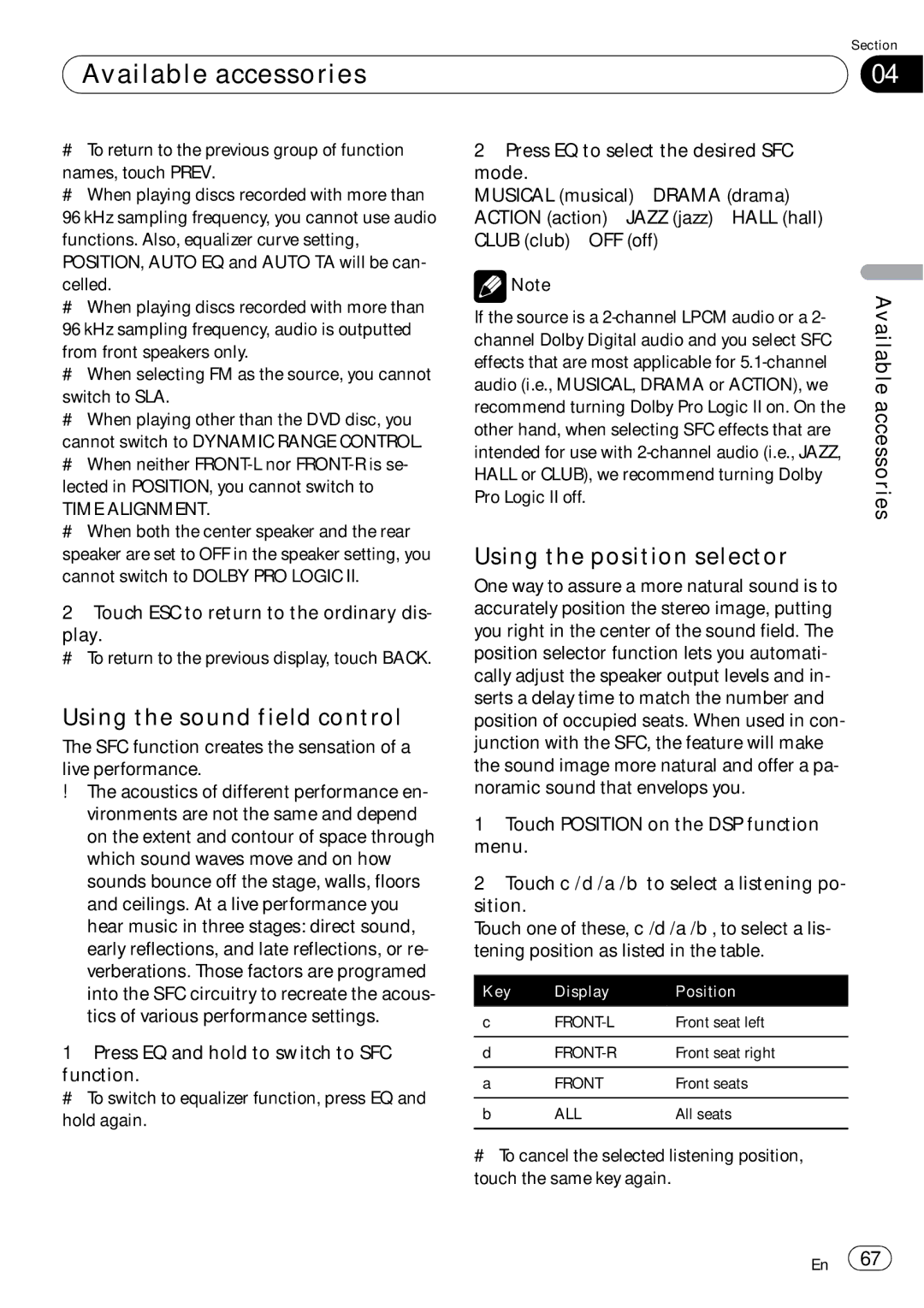 Pioneer AVH-P4050DVD operation manual Using the sound field control, Using the position selector, Time Alignment 