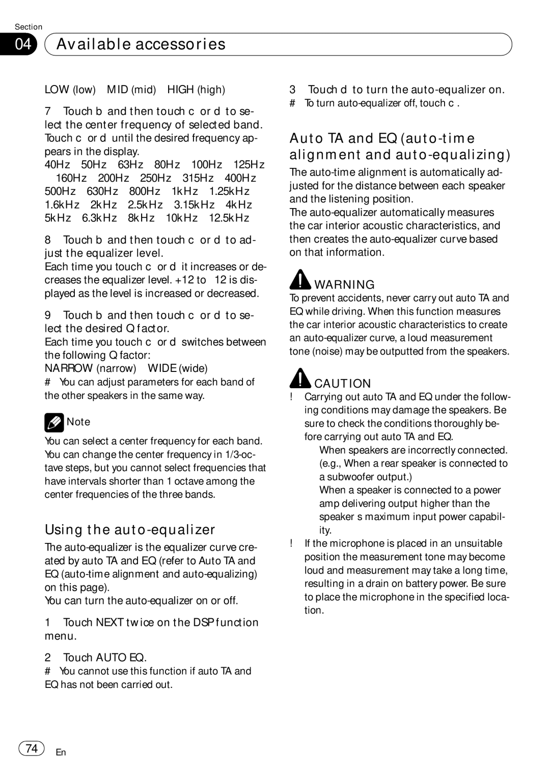 Pioneer AVH-P4050DVD operation manual Using the auto-equalizer, Auto TA and EQ auto-time alignment and auto-equalizing 