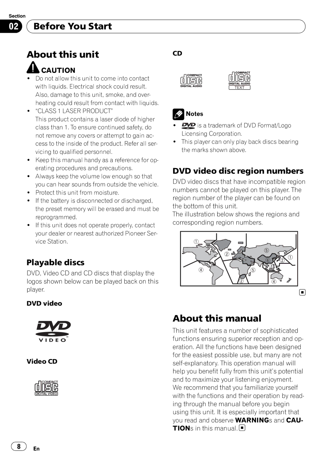 Pioneer AVH-P4050DVD Before You Start About this unit, About this manual, DVD video disc region numbers, Playable discs 