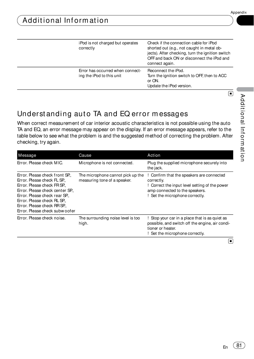 Pioneer AVH-P4050DVD operation manual Understanding auto TA and EQ error messages 