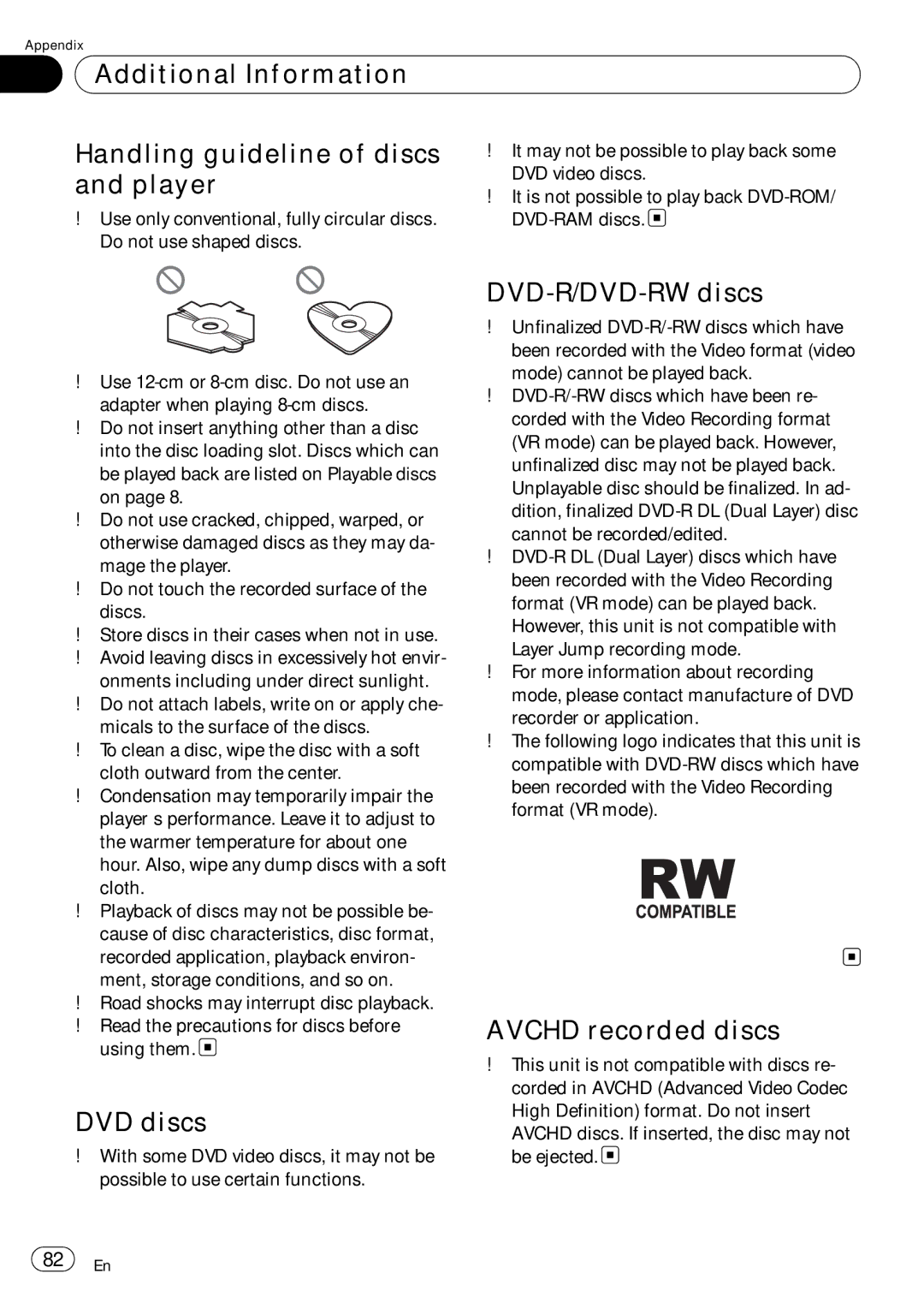 Pioneer AVH-P4050DVD Additional Information Handling guideline of discs, Player, DVD discs, DVD-R/DVD-RW discs 