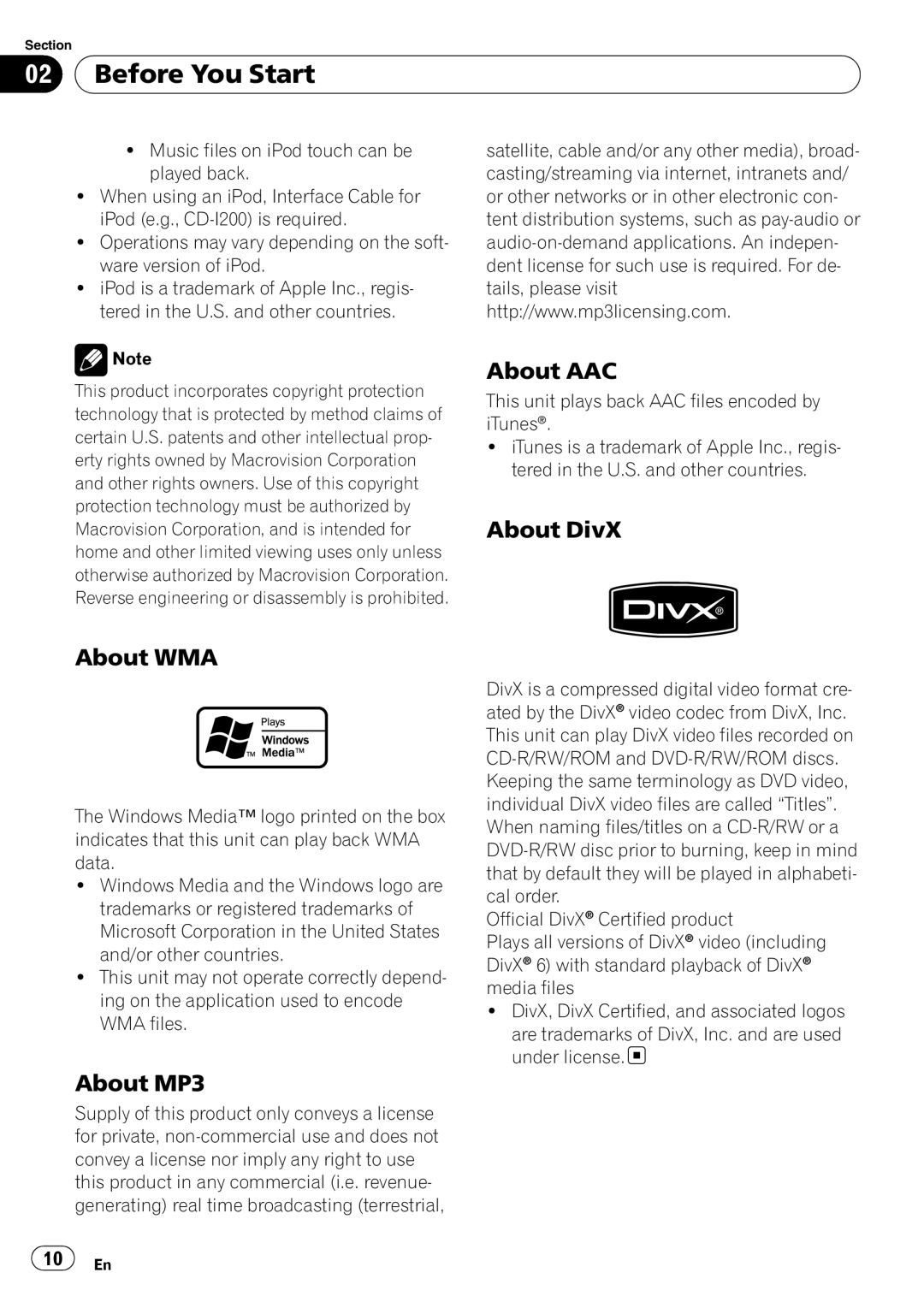Pioneer AVH-P4050DVD operation manual 02Before You Start, About AAC, About DivX, About WMA, About MP3 