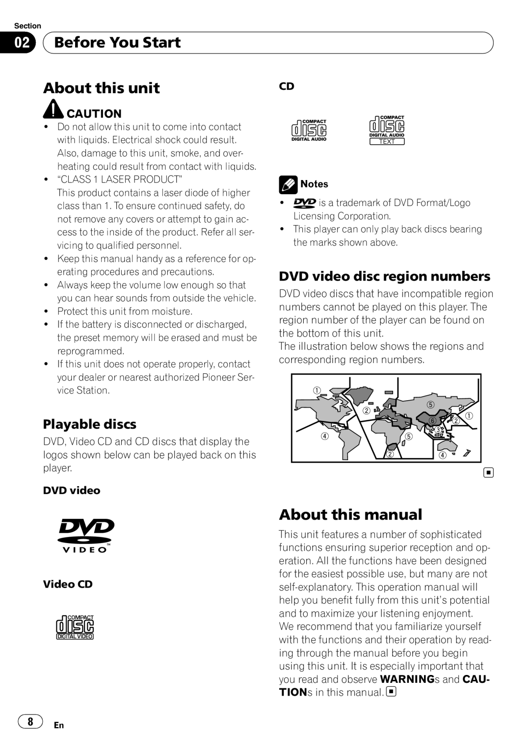 Pioneer AVH-P4050DVD Before You Start, About this unit, About this manual, DVD video disc region numbers, Playable discs 