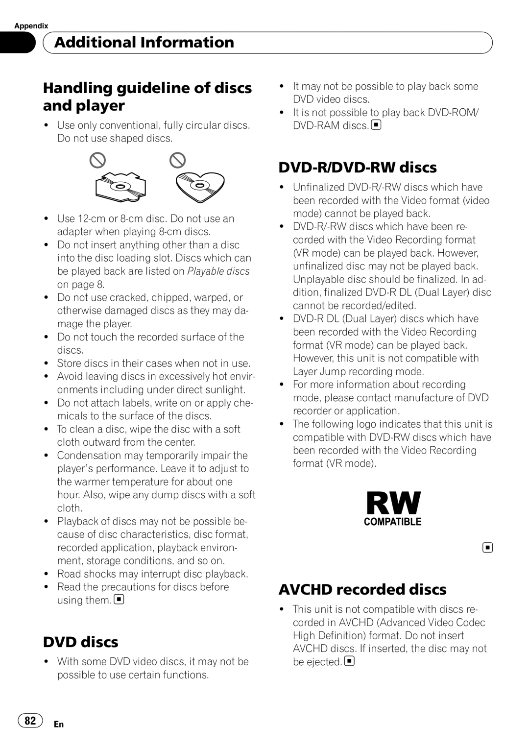 Pioneer AVH-P4050DVD Handling guideline of discs, and player, DVD discs, DVD-R/DVD-RWdiscs, AVCHD recorded discs 