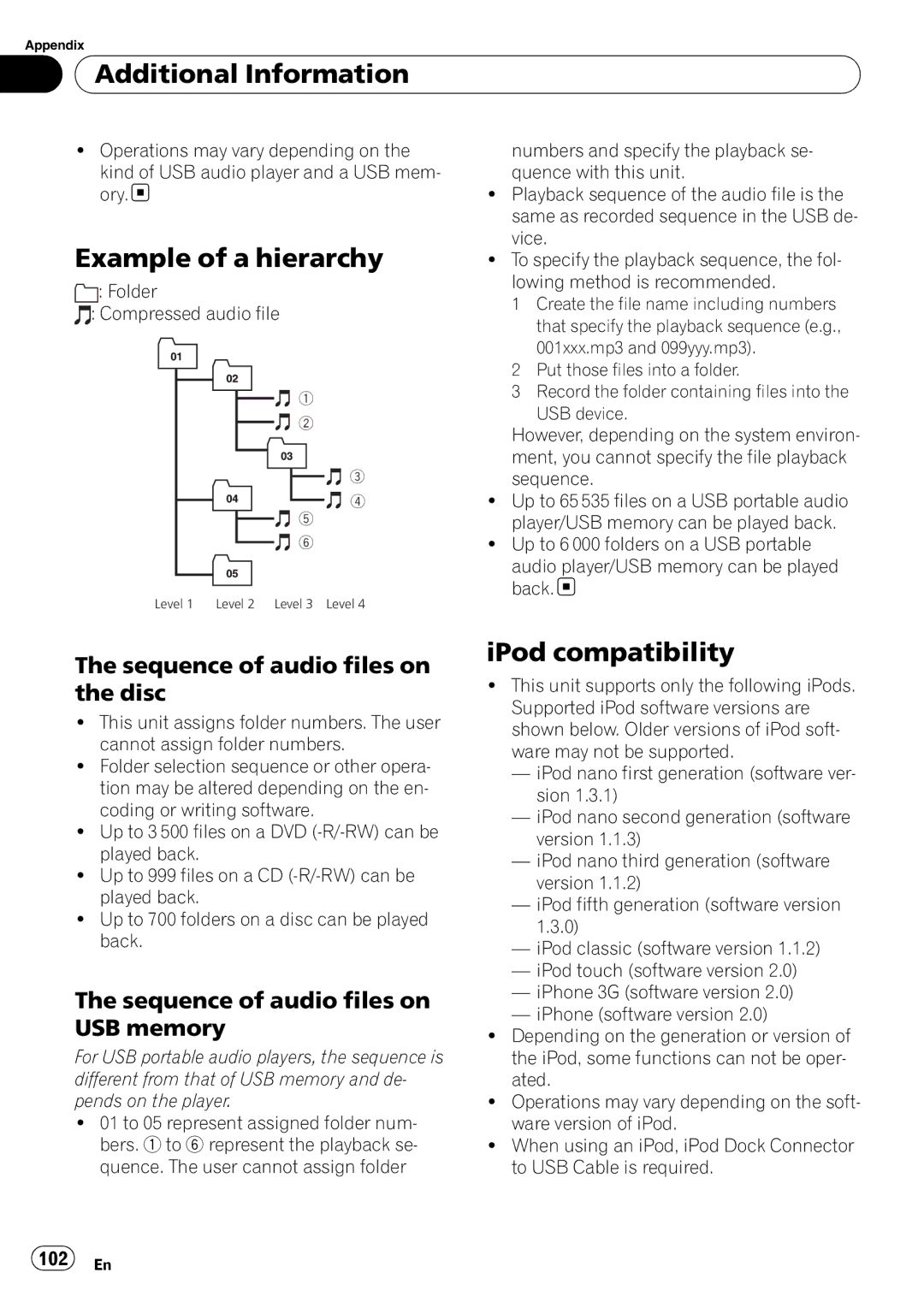 Pioneer AVH-P4100DVD Example of a hierarchy, IPod compatibility, Sequence of audio files on the disc, 102 En 