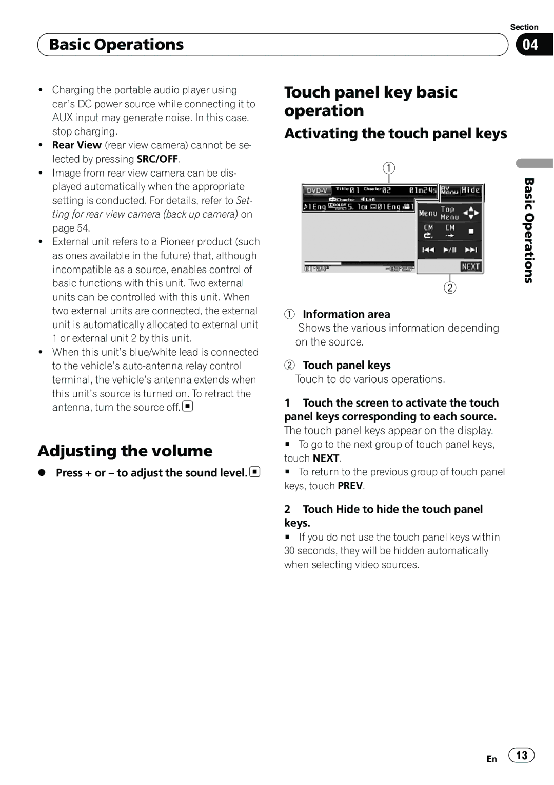 Pioneer AVH-P4100DVD operation manual Basic Operations, Adjusting the volume, Touch panel key basic operation 