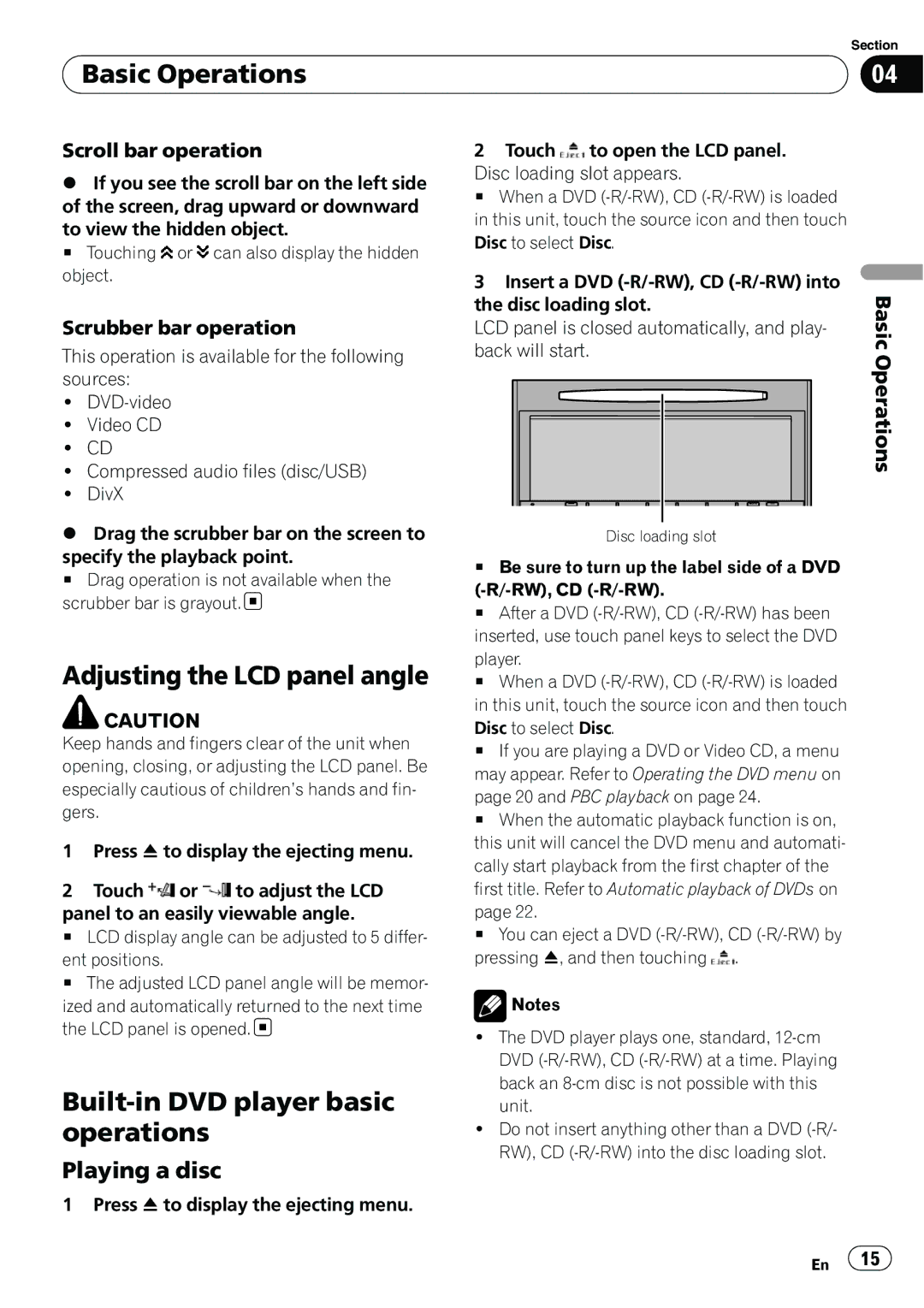 Pioneer AVH-P4100DVD operation manual Adjusting the LCD panel angle, Built-in DVD player basic operations, Playing a disc 