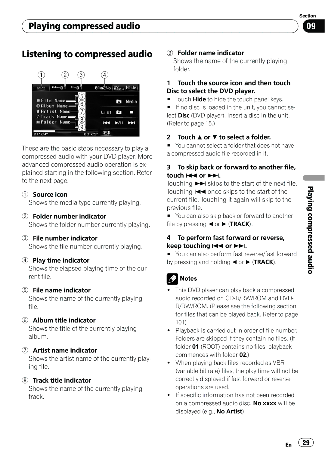 Pioneer AVH-P4100DVD operation manual Playing compressed audio Listening to compressed audio 