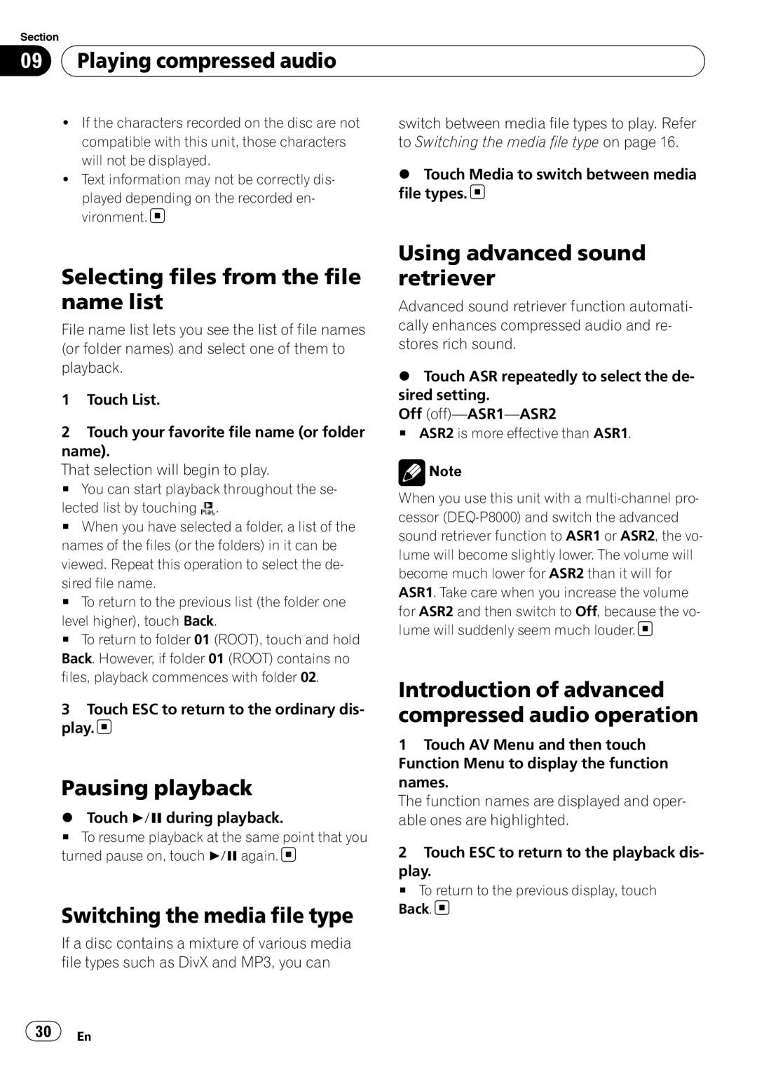 Pioneer AVH-P4100DVD operation manual Playing compressed audio, Selecting files from the file name list 