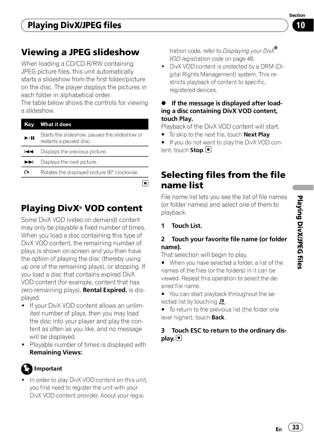 Pioneer AVH-P4100DVD operation manual Playing DivX/JPEG files Viewing a Jpeg slideshow, Playing DivX VOD content 