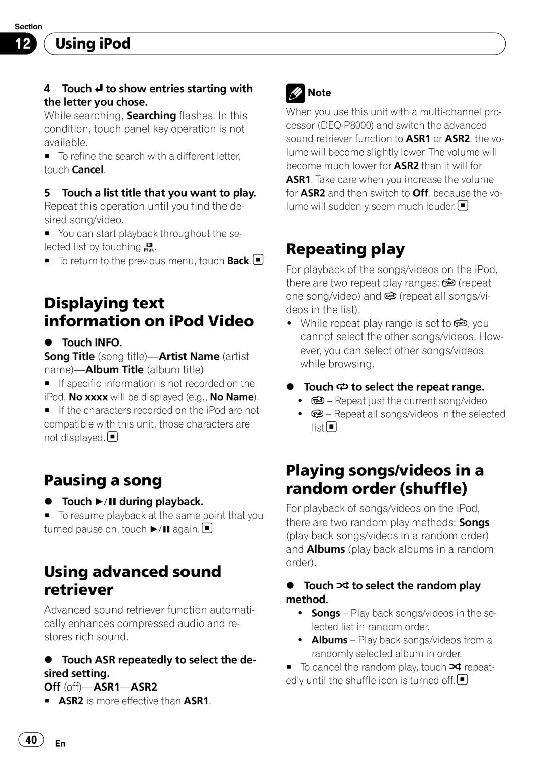 Pioneer AVH-P4100DVD operation manual Displaying text information on iPod Video, Pausing a song 