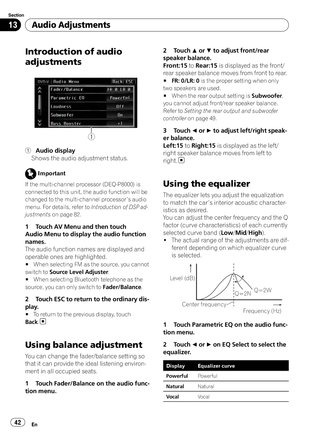 Pioneer AVH-P4100DVD Audio Adjustments Introduction of audio, Using the equalizer, Using balance adjustment 