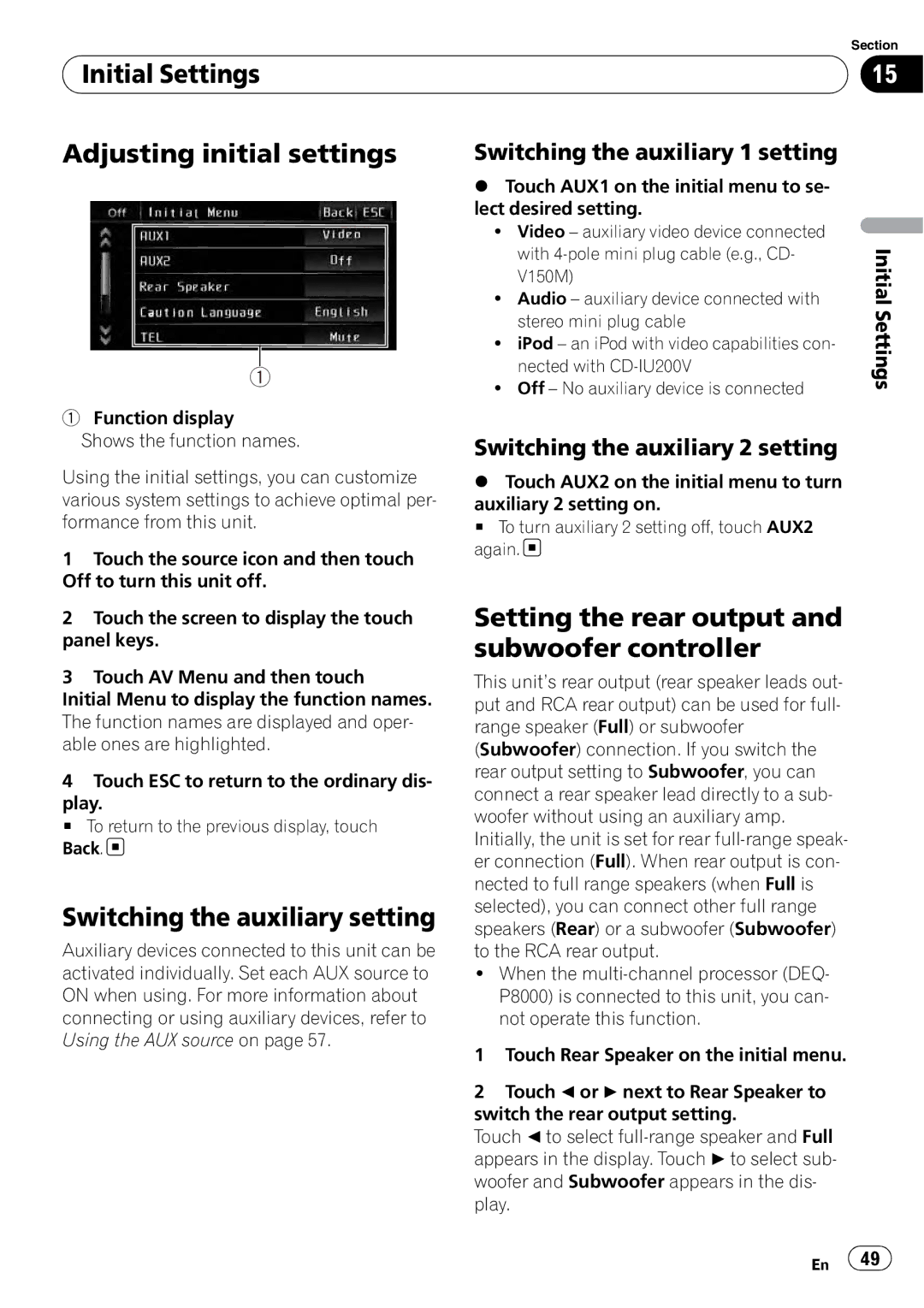 Pioneer AVH-P4100DVD operation manual Initial Settings Adjusting initial settings, Switching the auxiliary setting 