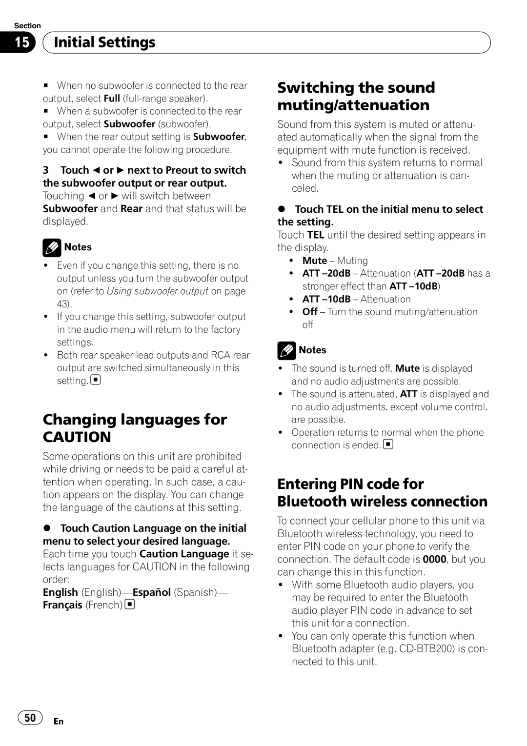 Pioneer AVH-P4100DVD operation manual Initial Settings, Switching the sound, Muting/attenuation, Changing languages for 