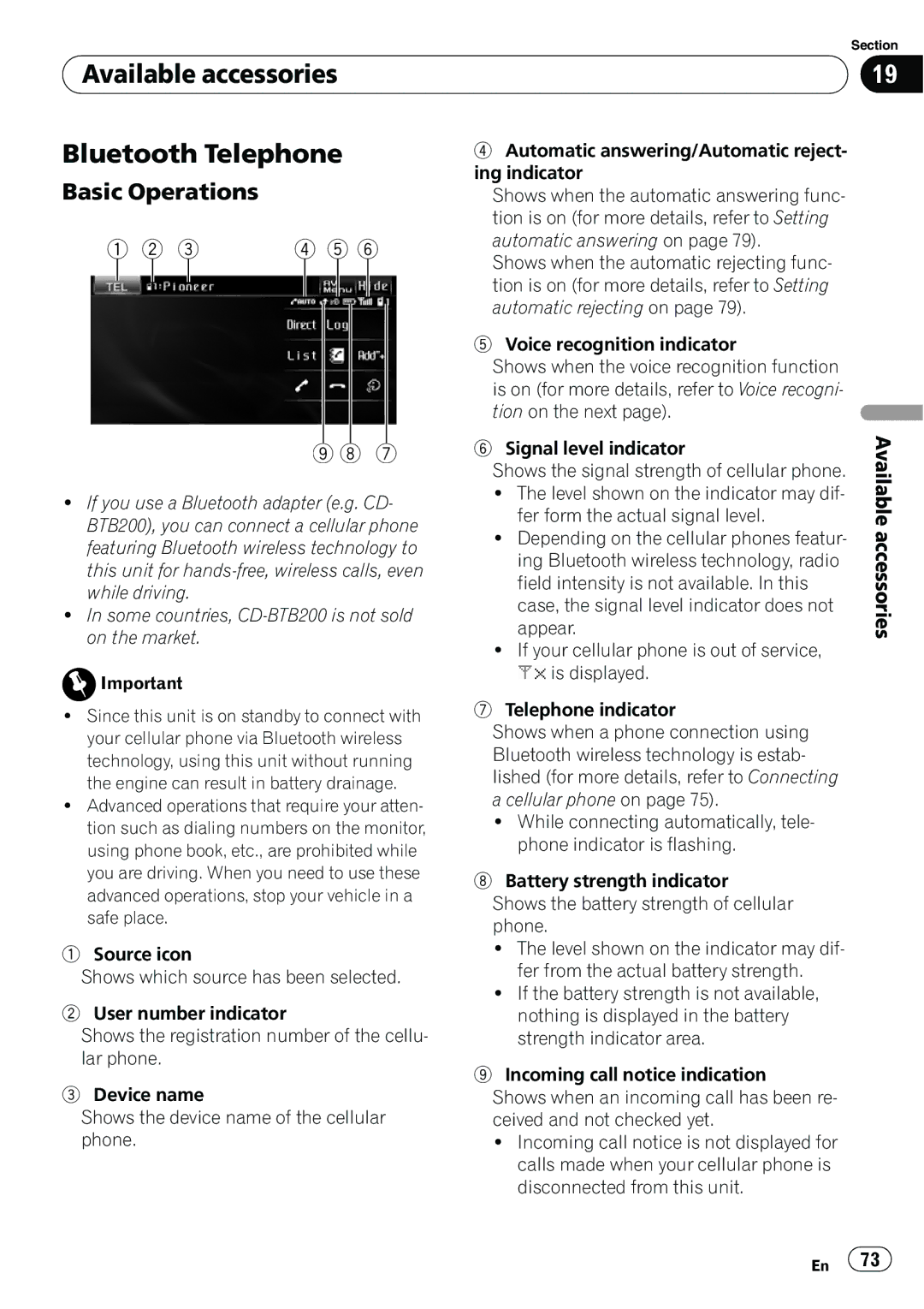 Pioneer AVH-P4100DVD operation manual Available accessories Bluetooth Telephone 