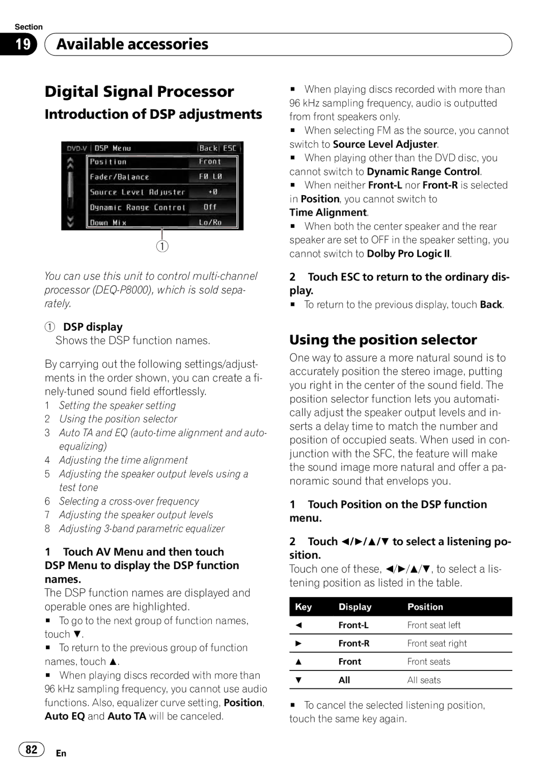 Pioneer AVH-P4100DVD operation manual Available accessories Digital Signal Processor, Introduction of DSP adjustments 