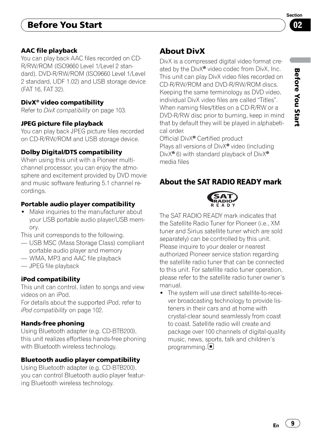 Pioneer AVH-P4100DVD operation manual Before You Start, About DivX, About the SAT Radio Ready mark 