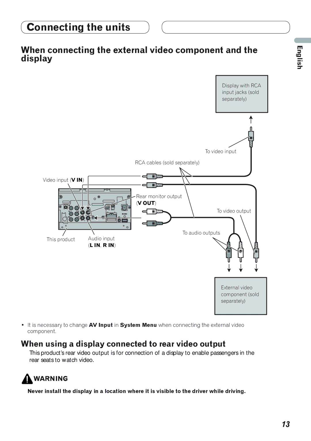 Pioneer AVH-P4100DVD installation manual When connecting the external video component and the display 