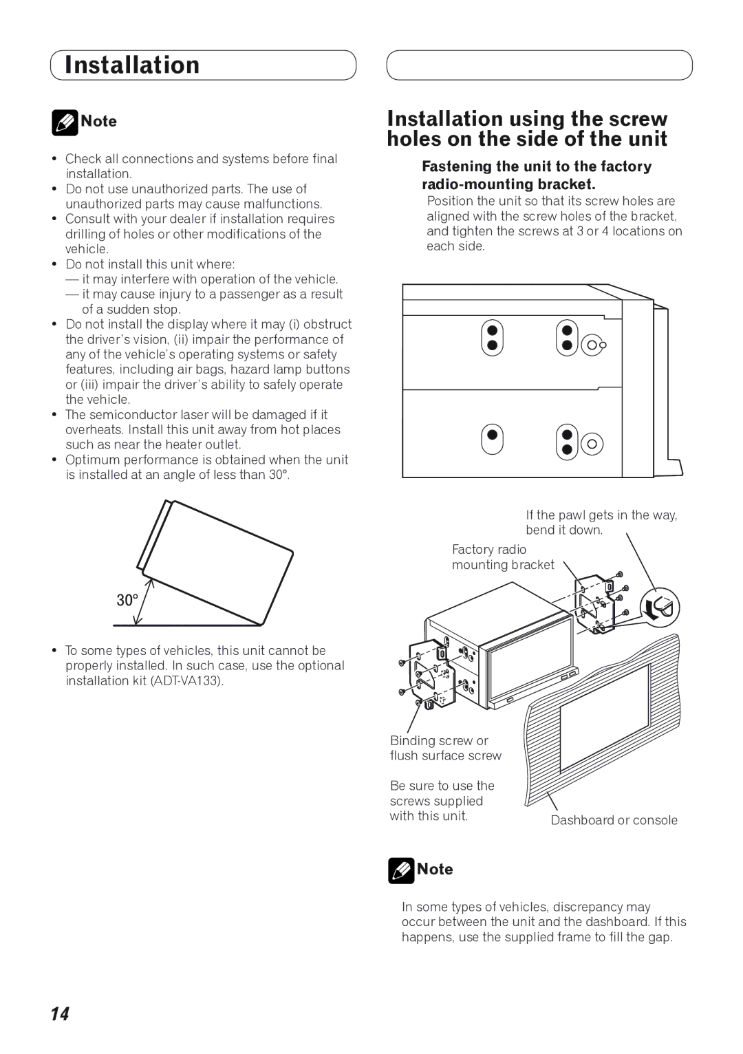 Pioneer AVH-P4100DVD installation manual Installation using the screw holes on the side of the unit 