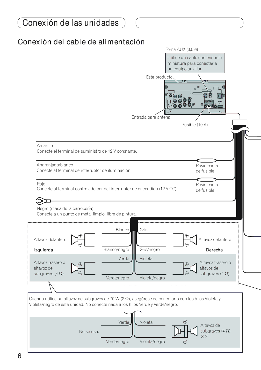 Pioneer AVH-P4100DVD installation manual Conexión del cable de alimentación 